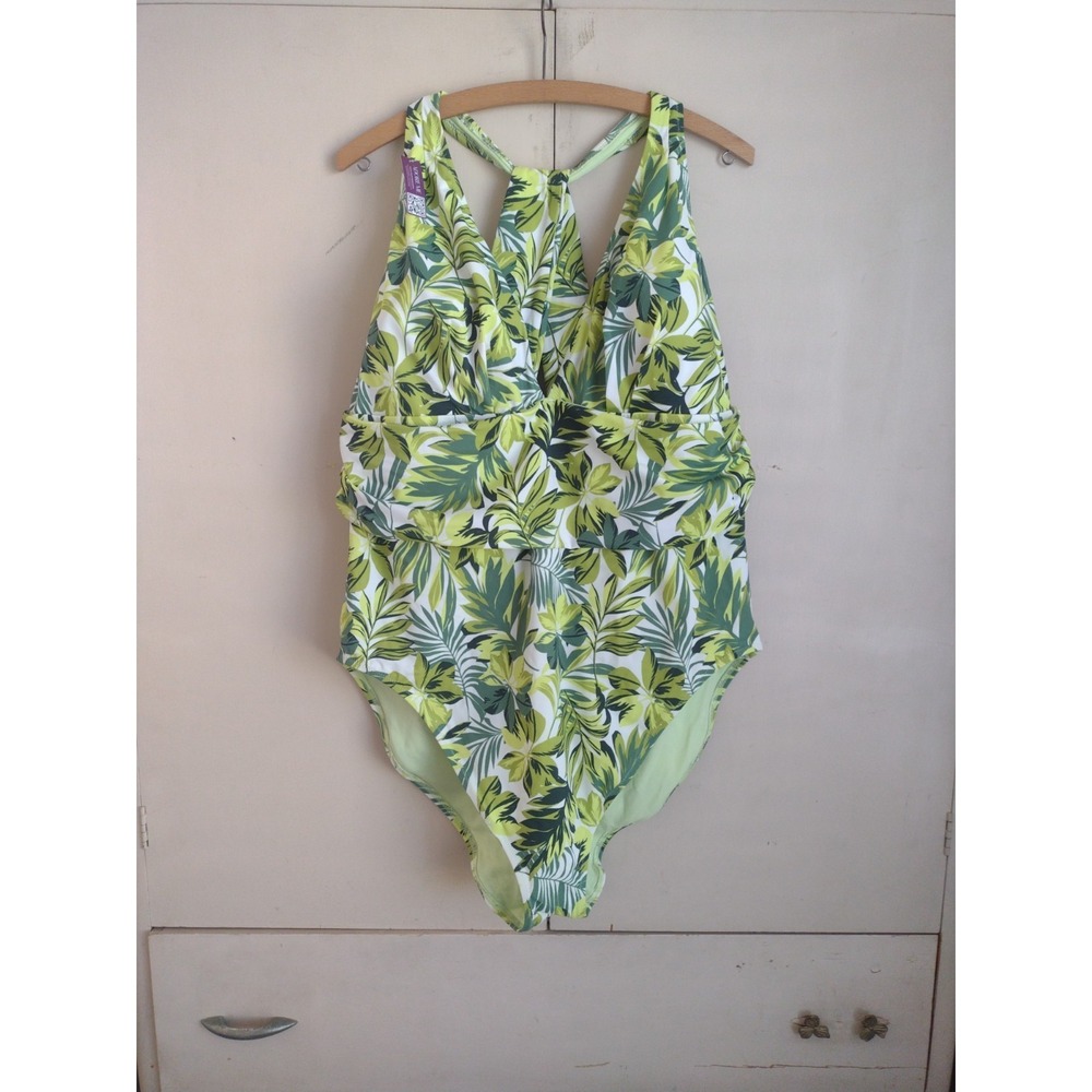 Adore Me Deep V Tropical Leaves 1-Piece Swimsuit Bathing Suit Plus Sz 4X Green